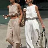 开衩两件套women 2024欧美夏季 clothes 露腰上衣 长裤 时尚 休闲无袖