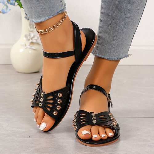 women shoes新款外贸大码平底凉鞋temu搭扣纯色圆头休闲时尚2024