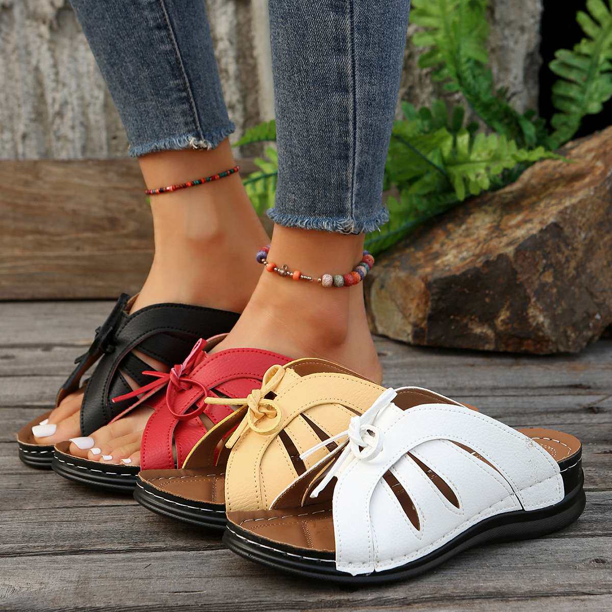 women shoes拖鞋女坡跟厚底女士凉鞋蝴蝶结装饰轻便大码女鞋2024