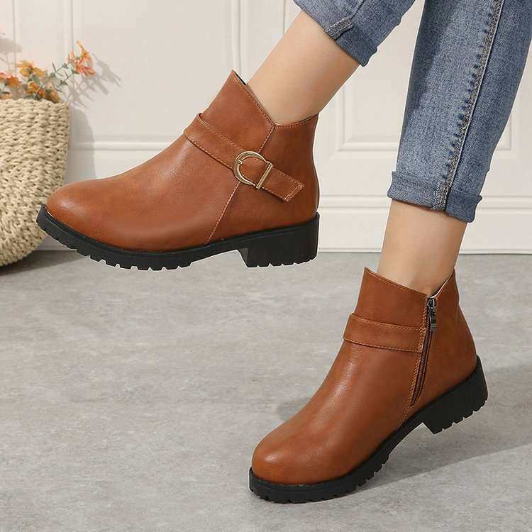 women shoes贸大码女士圆头侧拉链粗跟短靴时尚靴子欧美风格2024