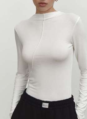 2024底衫欧美春季潮流斜边拼接设计弹力修身长袖T恤women clothes