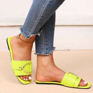 women shoes色大码外贸方头金属扣荧光色平底拖鞋女鞋时尚色2024