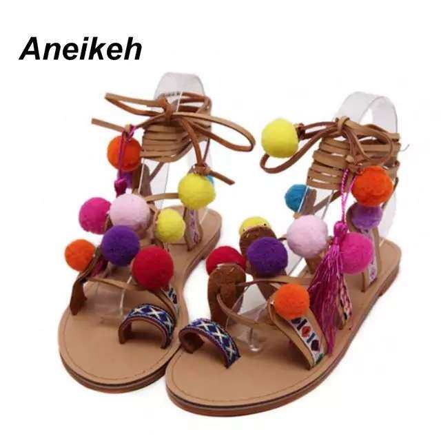 women shoes色毛毛球平底凉鞋女脚腕绑带43码外贸女鞋平底凉2024