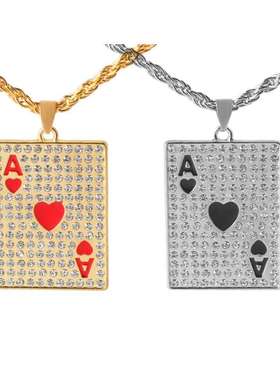 个性镶钻红桃黑桃A扑克牌吊坠项链欧美嘻哈潮男女毛衣链配饰