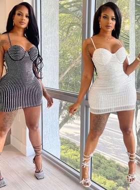 2024C6779欧美时尚女装纯色网纱烫钻吊带短裙连衣裙women clothes