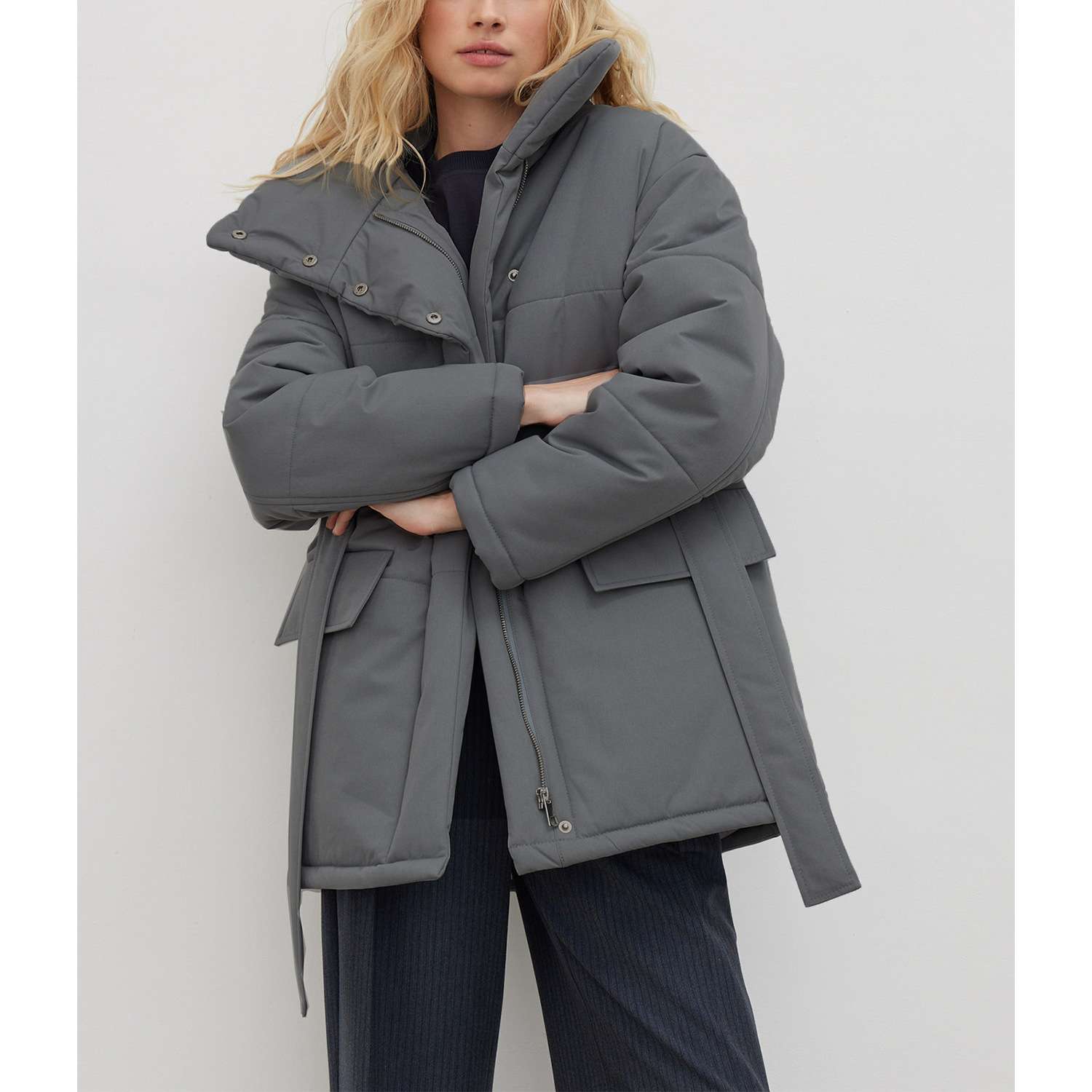 2024欧美冬季气质通勤时尚保暖防风高领配腰带棉服women clothes