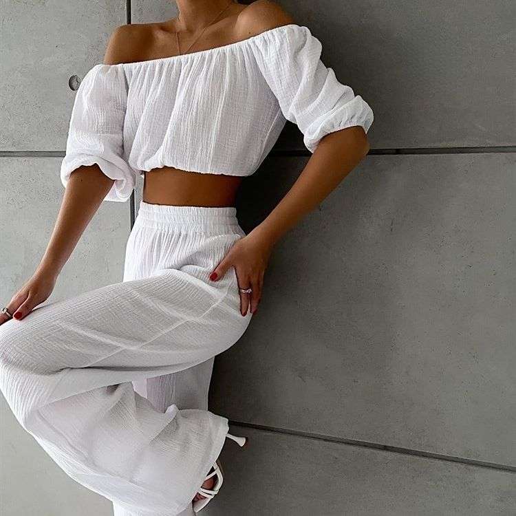 2024女气质一字领泡泡袖露腰短上衣+直筒拖地裤套装women clothes