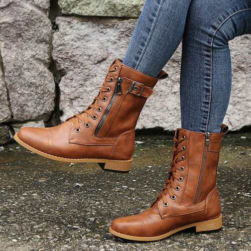 women shoes低方跟骑士靴女英伦风皮带扣成年女靴圆头中筒靴2024