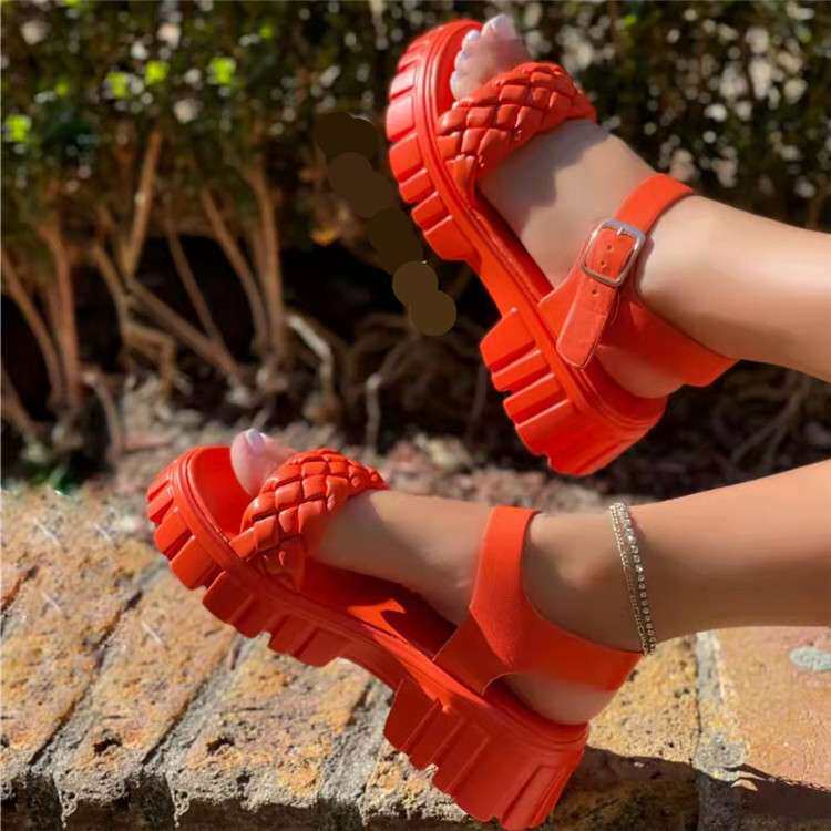 women shoes大码女鞋欧美新款厚底编织一字搭扣凉鞋高跟鞋子2024
