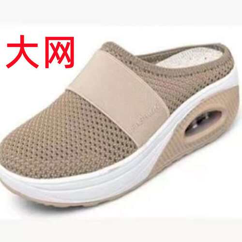 women shoes码懒人一脚蹬包头网面厚底拖鞋女欧美坡跟拖鞋女2024