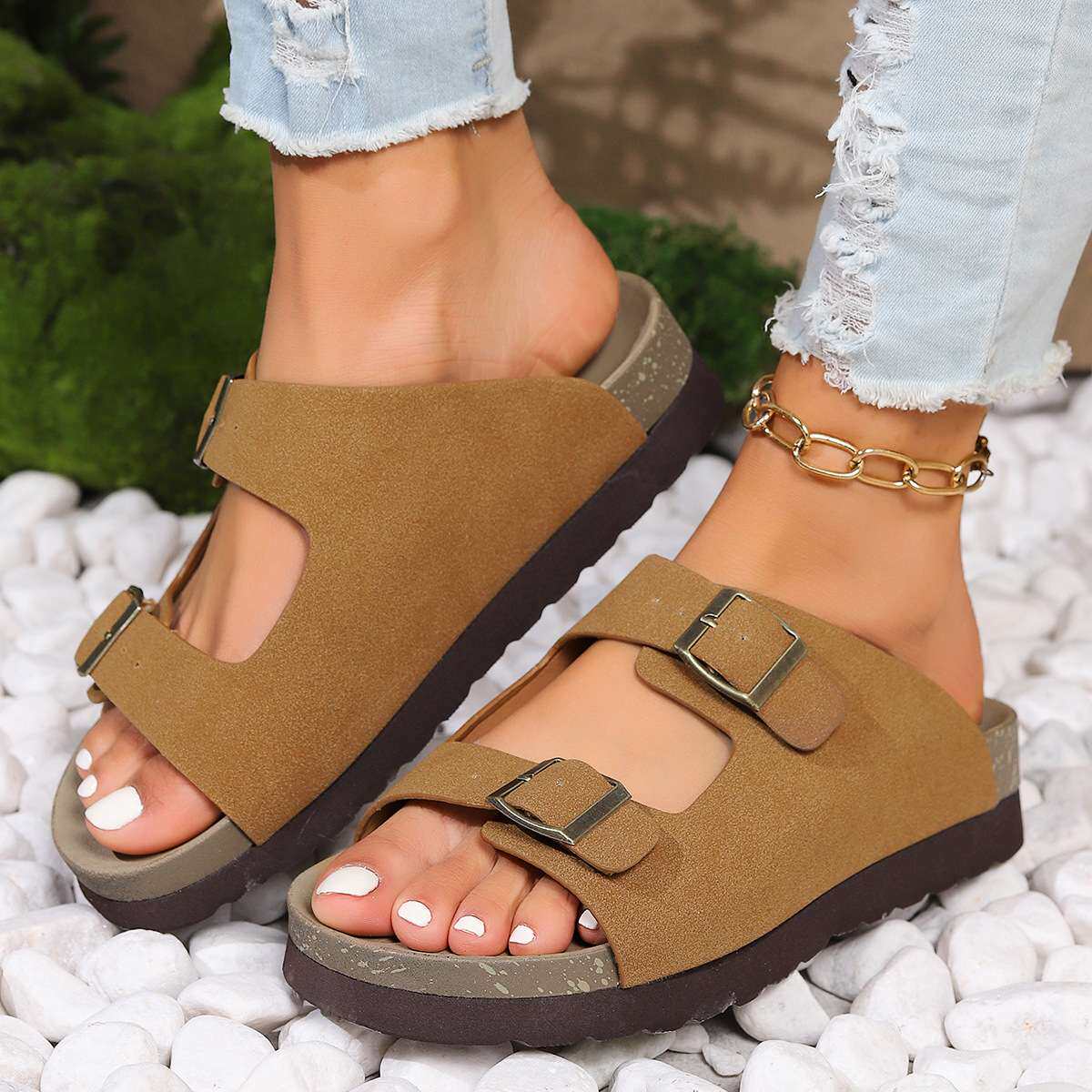 women shoes外贸大码女士厚底搭扣小凉鞋temu学院风舒适外穿2024