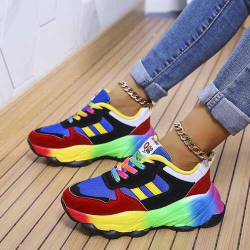 women shoes单鞋女春秋季新款欧美厚底彩色前系带运动风女鞋2024