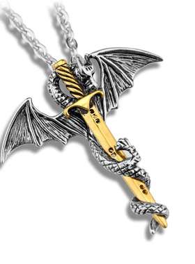 WISH欧美潮男摇滚时尚翼龙金色宝剑男士合金项链毛衣链