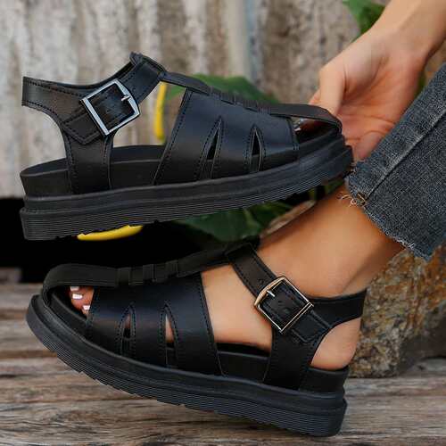 women shoes季新款女式罗马凉鞋露趾沙滩鞋女厚底包头凉拖女2024