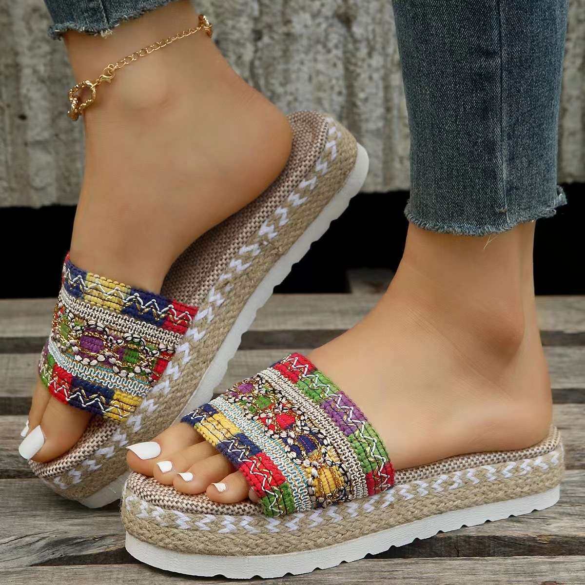 women shoes民族风外贸大码女士厚底鱼嘴麻绳糖果色拖鞋新款2024
