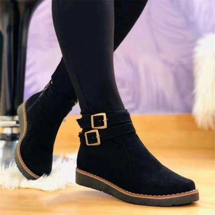 women shoes外贸大码女士厚底靴子时尚皮带扣装饰圆头EVA鞋底2024