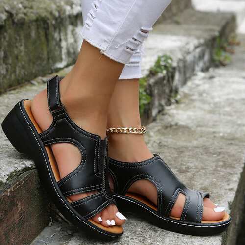 women shoes凉鞋女魔术贴缝线镂空粗跟大码露趾休闲罗马凉鞋2024