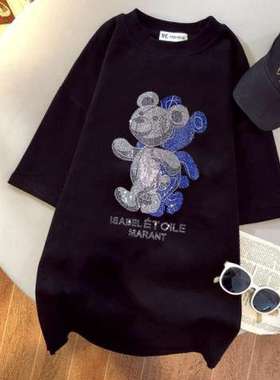2024重工烫钻精梳棉小熊t恤女夏新款短袖中长款上衣women clothes