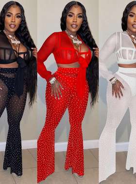 20249欧美新品夜店烫钻网纱透视绑带长袖长裤三件套women clothes