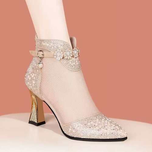 women shoes纱细跟高跟凉靴女欧美后拉链透气时装凉鞋女Heels2024