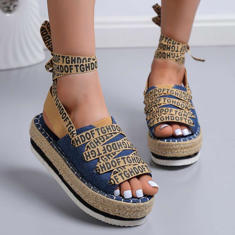 women shoes厚底凉鞋女脚腕绑带麻绳平底鱼嘴休闲罗马女鞋厚2024