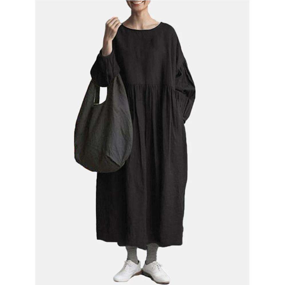 2024新款热销圆领长袖大码宽松长款纯色棉麻连衣裙women clothes