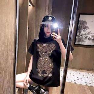 洋氣網紅women 2024閃燙鉆中長款 clothes 時尚 女裝 t恤女短袖 春夏季