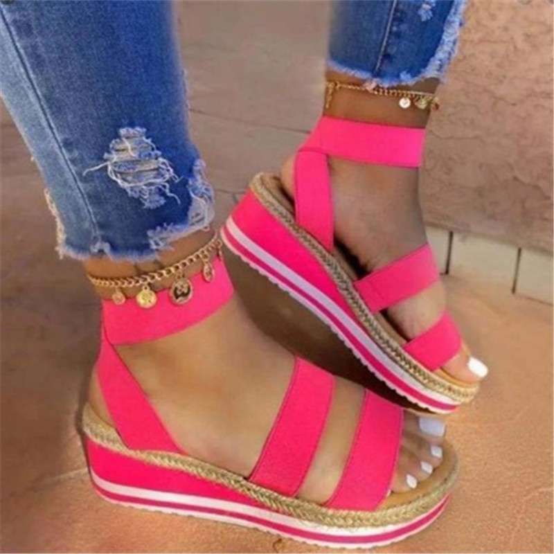 women shoes新款罗马女鞋夏季大码拼色坡跟麻绳厚底凉鞋平底2024