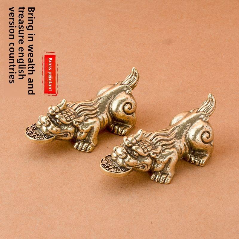 黄铜招财貔貅摆件咬钱貔貅家居办公室桌面茶宠手把件覆古貔貅摆件