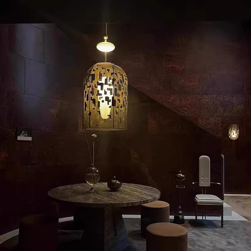 设计师古典东方灯笼别墅样板间酒店大堂餐桌吊灯手工刺绣艺术灯