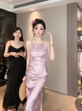 TZ4091国风性感紫色连衣裙女夏新款纯欲风新中式挂脖修身包臀长裙
