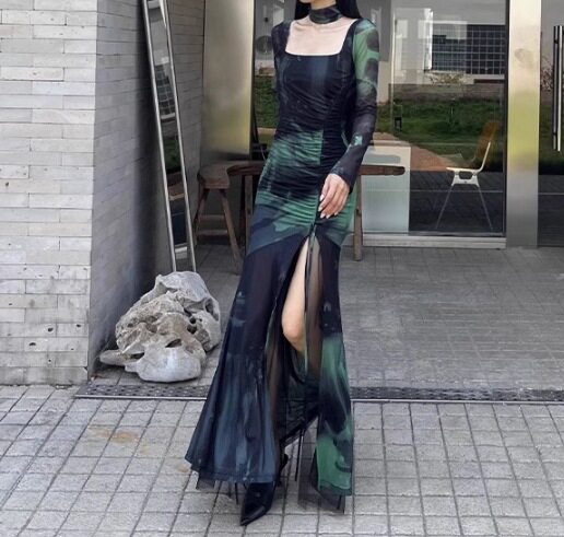 轻熟晕染方领系带褶皱连衣裙女小众纯欲风网纱拼接开叉长裙