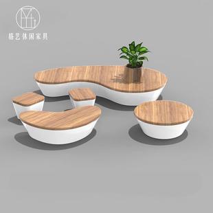 玻璃钢组合坐凳花盆商场户外创意休闲椅防腐木异形椅子木纹漆凳子