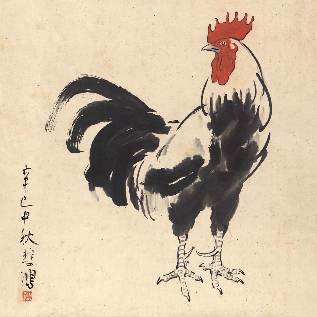 徐悲鸿 雄鸡图斗方国画 画心装饰画名人字画宣纸高清微喷画芯打印图片