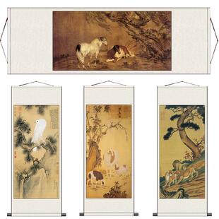 郎世宁平安春信图名家卷轴画丝绸礼品清代字画胡湄玉堂富贵石竹图