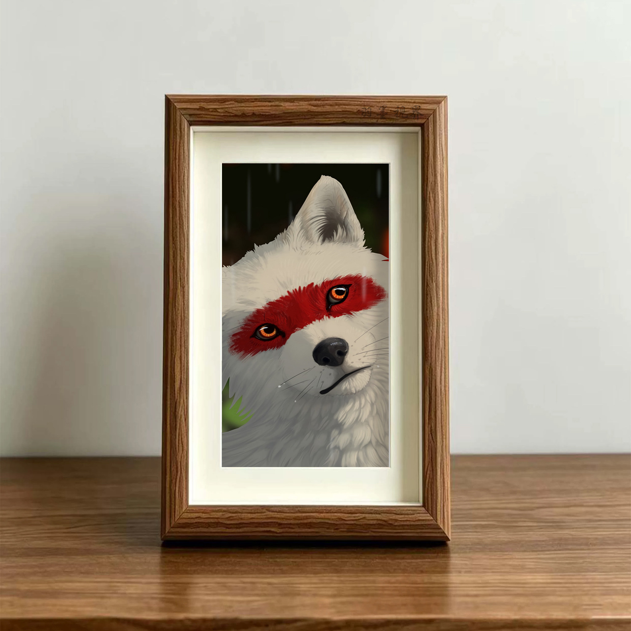 戴红面具的白色狗狗插画桌面相框摆件软萌治愈风装饰画摆台。