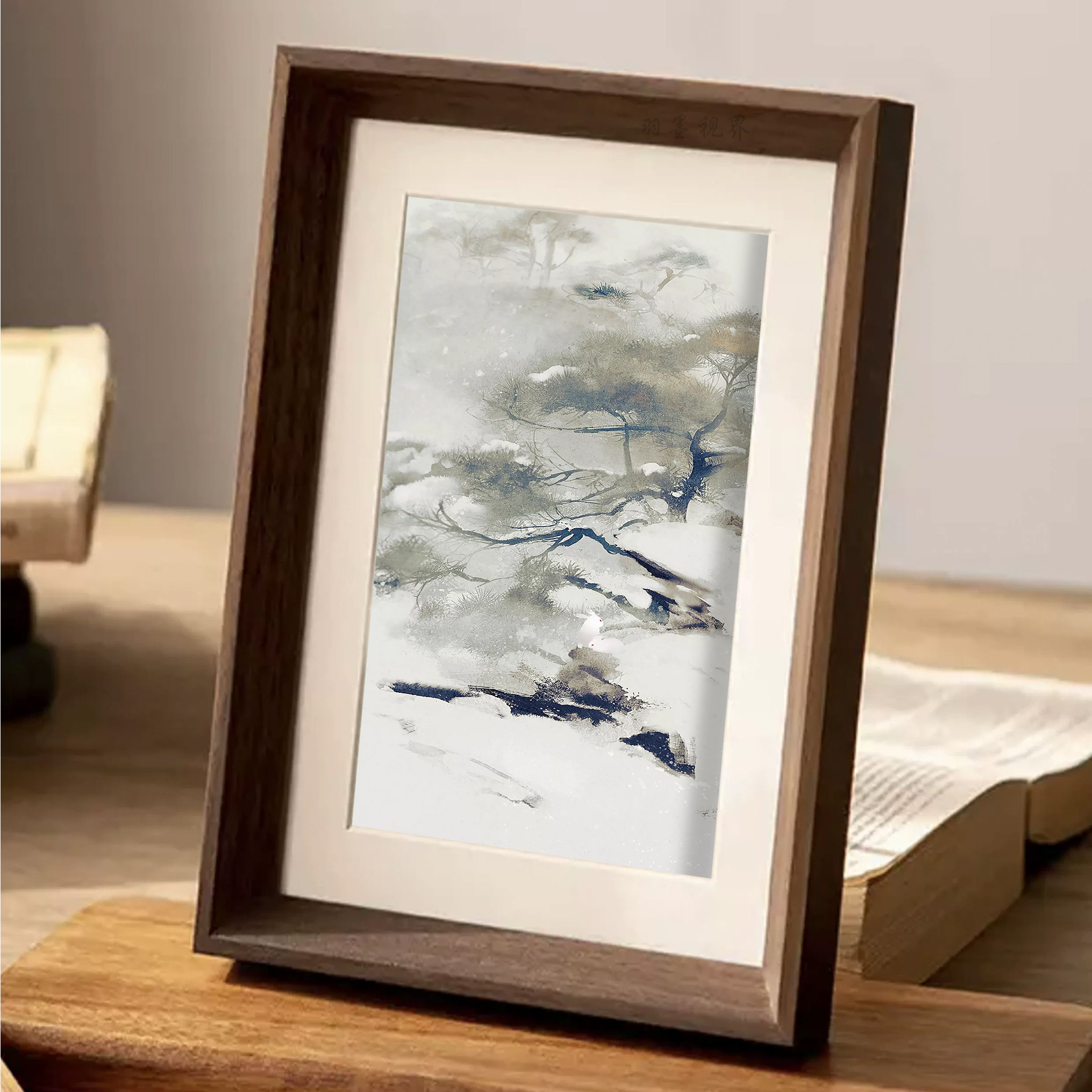 古风水墨雪景松枝白兔印刷画中式