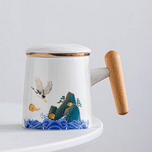 国潮风陶瓷茶杯茶水分离过滤v泡茶办公室大容量家用带盖个人马克