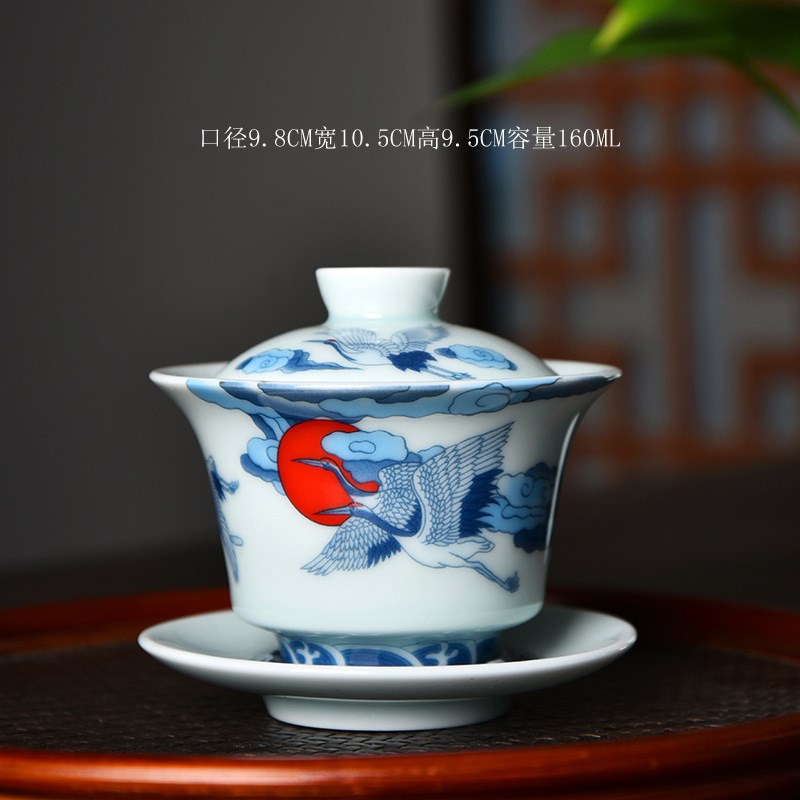 复古青花盖碗茶盏陶瓷三才盖碗z功夫茶具家用套装泡茶碗斗茶赛