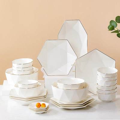 多边形盘子北欧六角菱形描金边陶瓷碗碟勺子餐具套装家用餐厅酒店