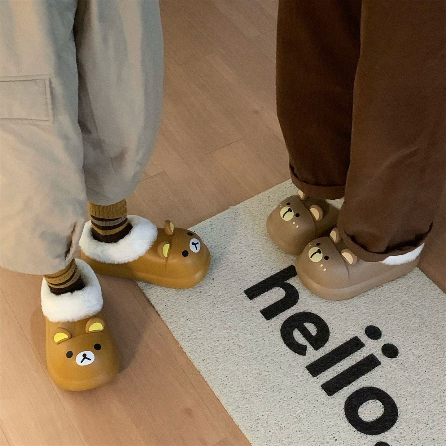 细细条 可爱家居可外穿防滑厚底保暖棉鞋女冬日系小熊防水棉拖鞋