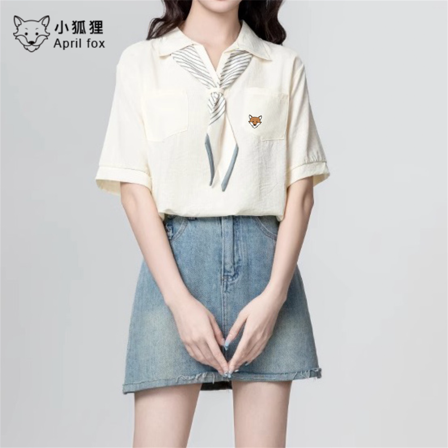 英国April Fox小狐狸美式短袖衬衫女2026夏新款带领带polo领衬衣图片