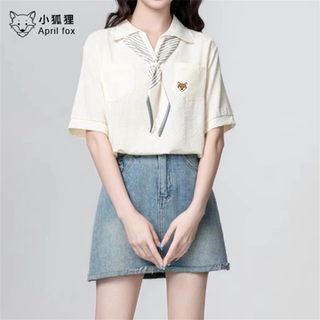 英国April Fox小狐狸美式短袖衬衫女2026夏新款带领带polo领衬衣