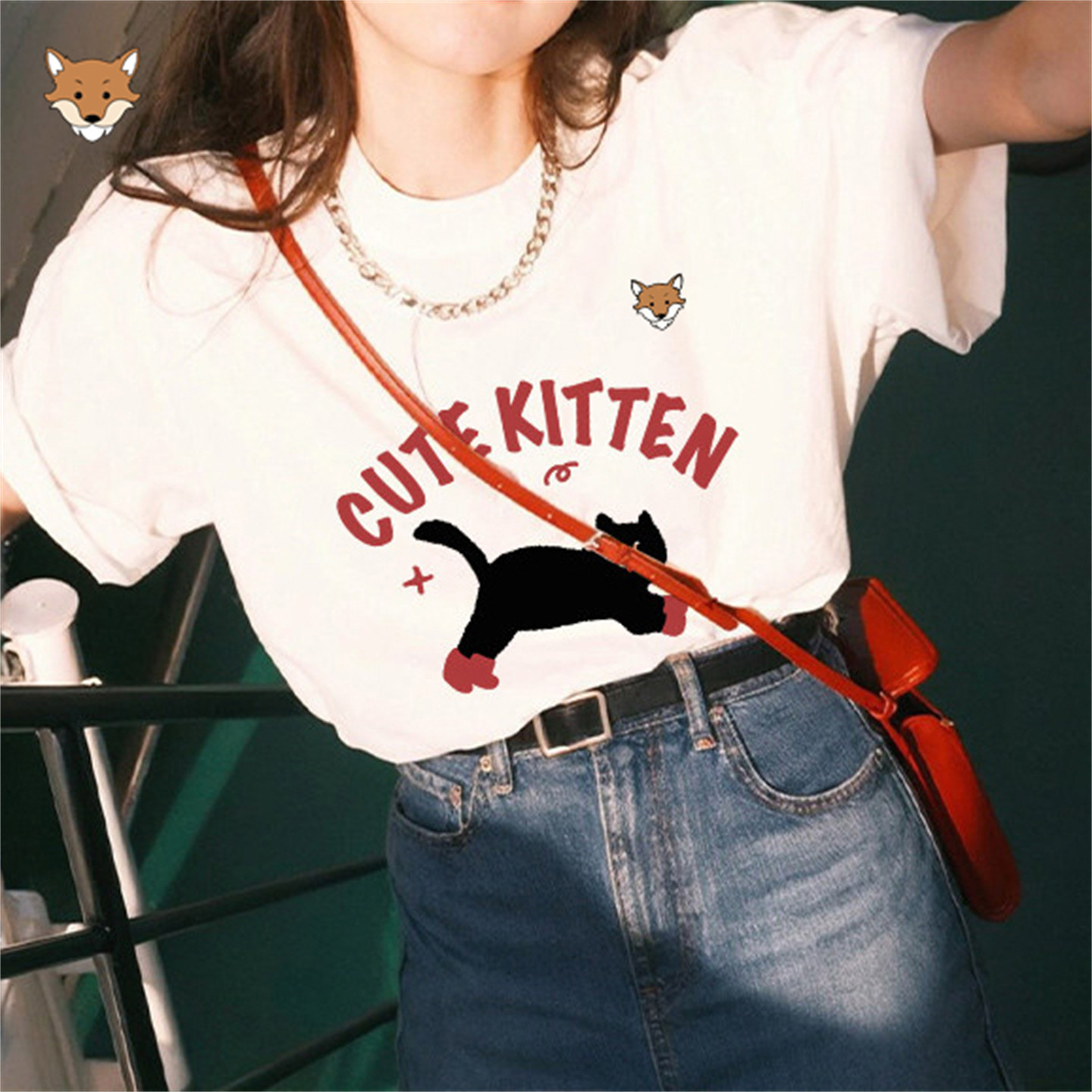 英国AprilFox小狐狸白色短袖T恤女夏季卡通猫咪印花宽松圆领上衣