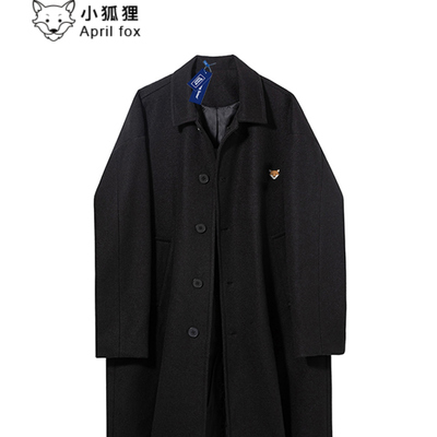 小狐狸德系风衣外套男士秋冬翻领英伦黑色呢子中长款毛呢大衣男款