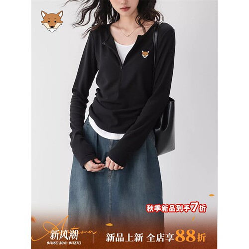 英国April Fox小狐狸半开领假两件长袖上衣女装秋韩系叠穿打底衫
