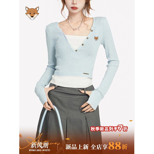 英国April Fox小狐狸V领假两件长袖上衣女秋季修身短款针织打底衫