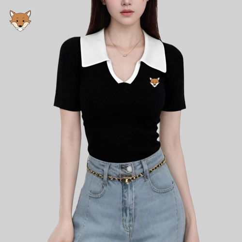 英国AprilFox小狐狸黑色正肩针织polo衫v领短袖T恤女夏修身上衣