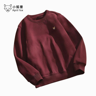 英国小狐狸全棉一体绒卫衣男红色秋冬加绒加厚宽松大码纯棉圆领上