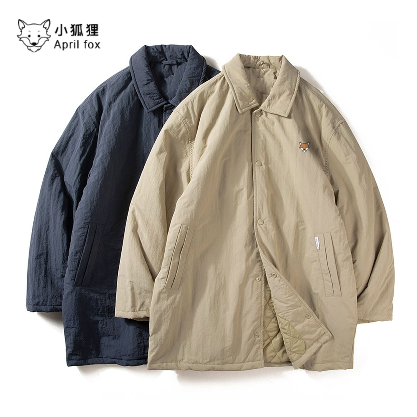 小狐狸棉衣男冬季薄款轻度防水中长款保暖夹棉外套休闲简约翻领棉